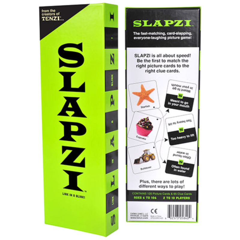 SLAPZI game box with green and black design and back of game box showing rules for game play on a white background.