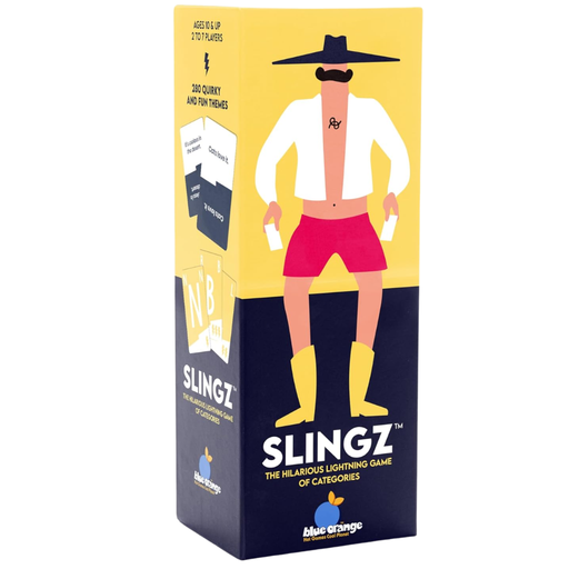 Slingz game box with a stylized illustration of a character on a yellow and blue background.
