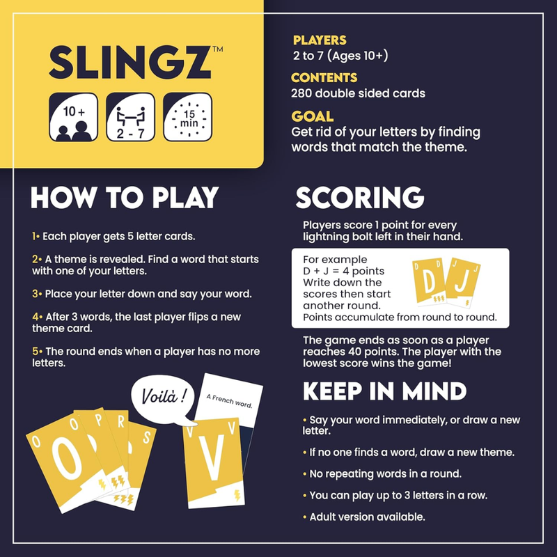 Slingz game rules and instructions on a dark blue background.