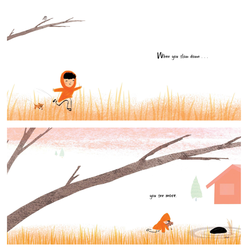 Illustration of a child running through grass with a tree branch and house in the background from the book Slowly Slowly