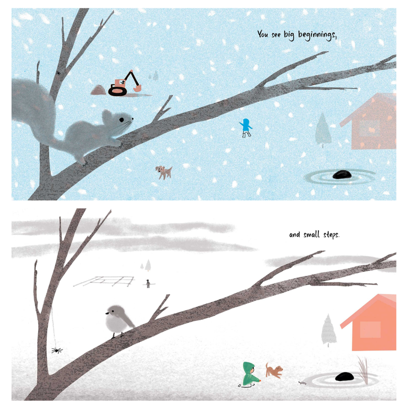 Illustrations of animals and people in a snowy landscape with trees and houses from the book Slowly Slowly.