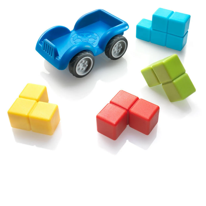 Colorful toy blocks including a blue car-shaped block on a white background.