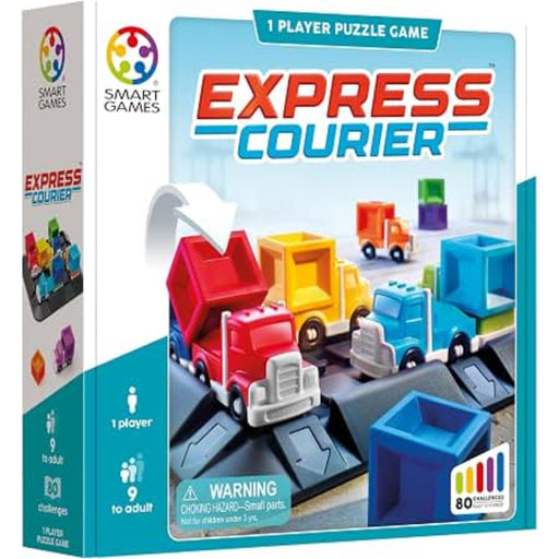 Express Courier 1-player puzzle game box by Smart Games, showing colorful toy trucks and cargo containers on a shipping ramp layout on the front, with age 9+ icons and 80 pieces noted on the box.