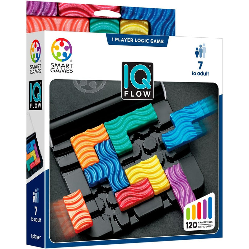 IQ Flow 1-player logic game box by Smart Games, featuring colorful wavy pegs in a black tray on the front of the retail packaging.
