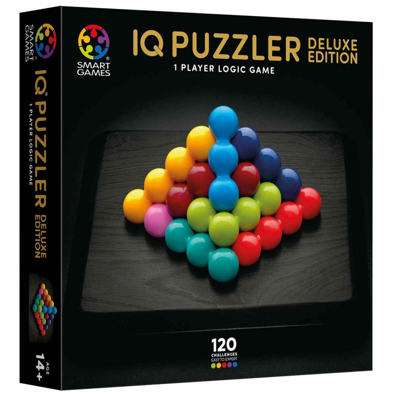 IQ Puzzler Deluxe Edition board game box by Smart Games, featuring a colorful ball puzzle arrangement on a dark background and the text '1 Player Logic Game' and '120 Challenge.'.