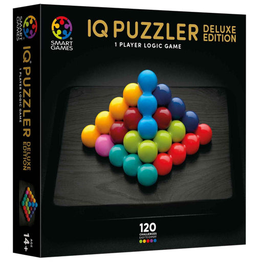 IQ Puzzler Deluxe Edition board game box by Smart Games, featuring a colorful ball puzzle arrangement on a dark background and the text '1 Player Logic Game' and '120 Challenge.'.