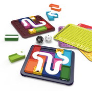 Genius Connection puzzle game with colorful tetris-like pieces, dice and reference cards displayed