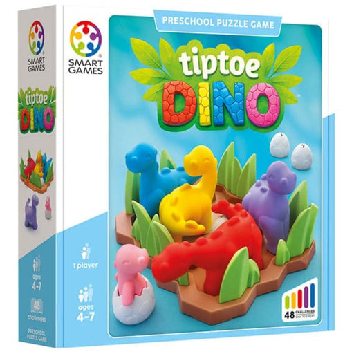 Tiptoe Dino preschool puzzle game box by Smart Games, featuring colorful dinosaur toy pieces and a bright blue package design.
