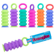 Six colorful Fidgety Krumples squeeze-claw toys are shown on a white background, with one purple toy and its blue retail tag displayed below the row of six.