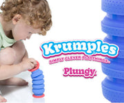 A child crouches beside a blue and red spring toy while a large stack of the same toy appears on the right. The brand text 'Krumples' and 'Plungy' is overlaid on a white background.