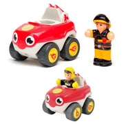 A children's toy set featuring a red and white fire engine car with cartoon eyes and yellow wheels, shown alongside a firefighter figurine. A second view shows the fire engine with a small firefighter driver seated inside.