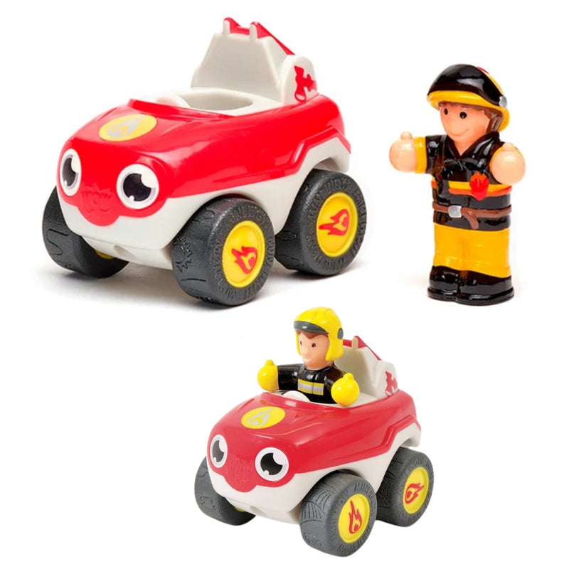 A children's toy set featuring a red and white fire engine car with cartoon eyes and yellow wheels, shown alongside a firefighter figurine. A second view shows the fire engine with a small firefighter driver seated inside.