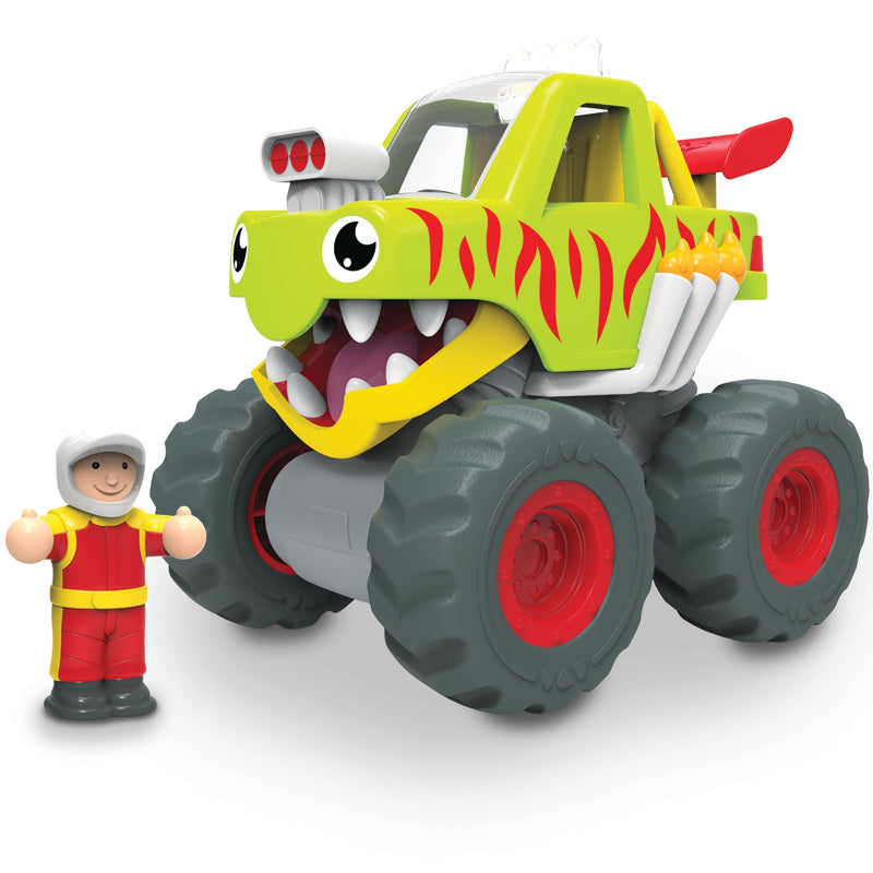Green monster truck toy with dragon face design and red racing driver figure