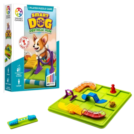 Smart Games 'Dog Obstacle Run' puzzle game with packaging on a white background