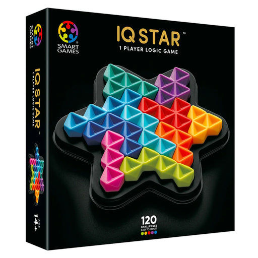 IQ Star logic game packaging with colorful geometric pieces on a black background