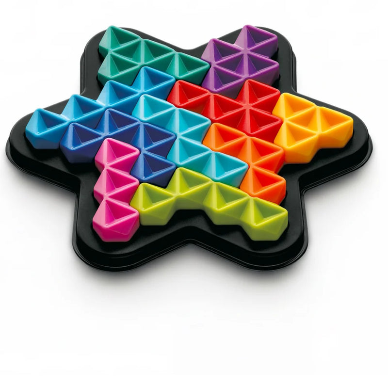 A star-shaped black silicone mold with triangular slots, filled with colorful plastic pieces in blue, green, purple, red, orange, yellow, and pink, shown on a white background.