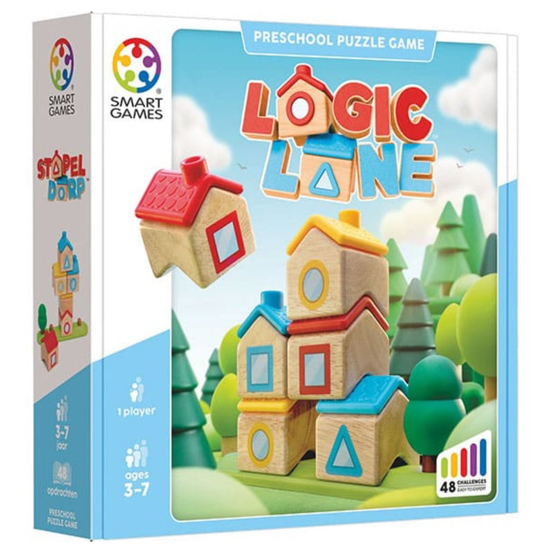 Box packaging for the Smart Games Logic Lane preschool puzzle game, featuring colorful toy house blocks and a playful outdoor scene on the front.