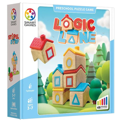 Box packaging for the Smart Games Logic Lane preschool puzzle game, featuring colorful toy house blocks and a playful outdoor scene on the front.