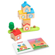 A children's game called Logic Lane featuring wooden house building on a white background, including a stack of colorful wooden house blocks on a green base, a small freestanding house, a green tree, and an open challenge book.