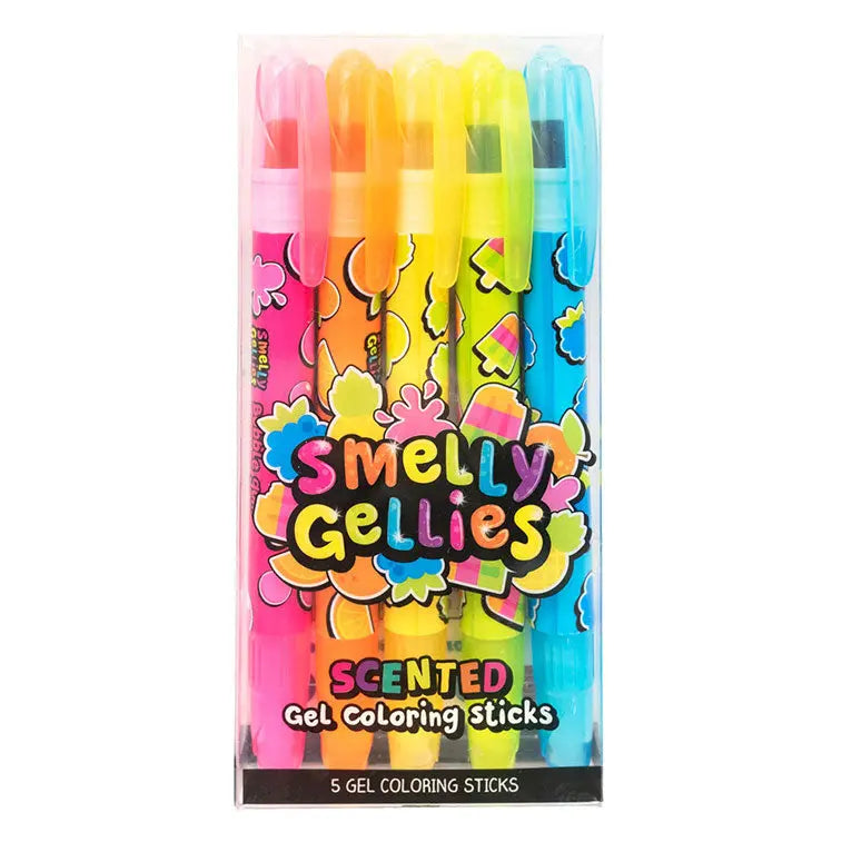 Package of 5 Smelly Gellies scented gel coloring sticks in bright rainbow colors
