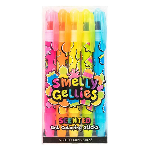 Package of 5 Smelly Gellies scented gel coloring sticks in bright rainbow colors