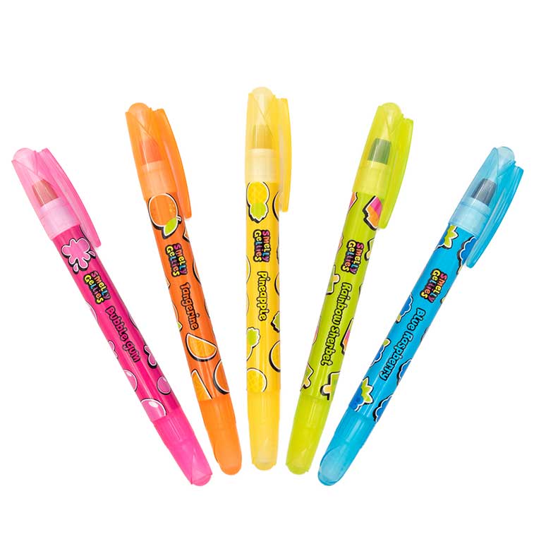 Five colorful Smelly Gellies gel crayons in pink, orange, yellow, green, and blue arranged in fan formation