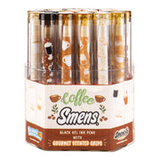 Coffee Smens scented gel pens set in clear display container with coffee-themed designs
