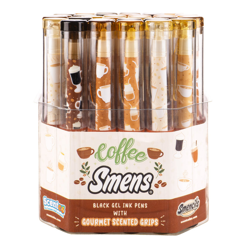 Coffee Smens scented gel pens set in clear display container with coffee-themed designs