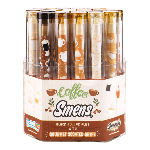 Coffee Smens scented gel pens set in clear display container with coffee-themed designs