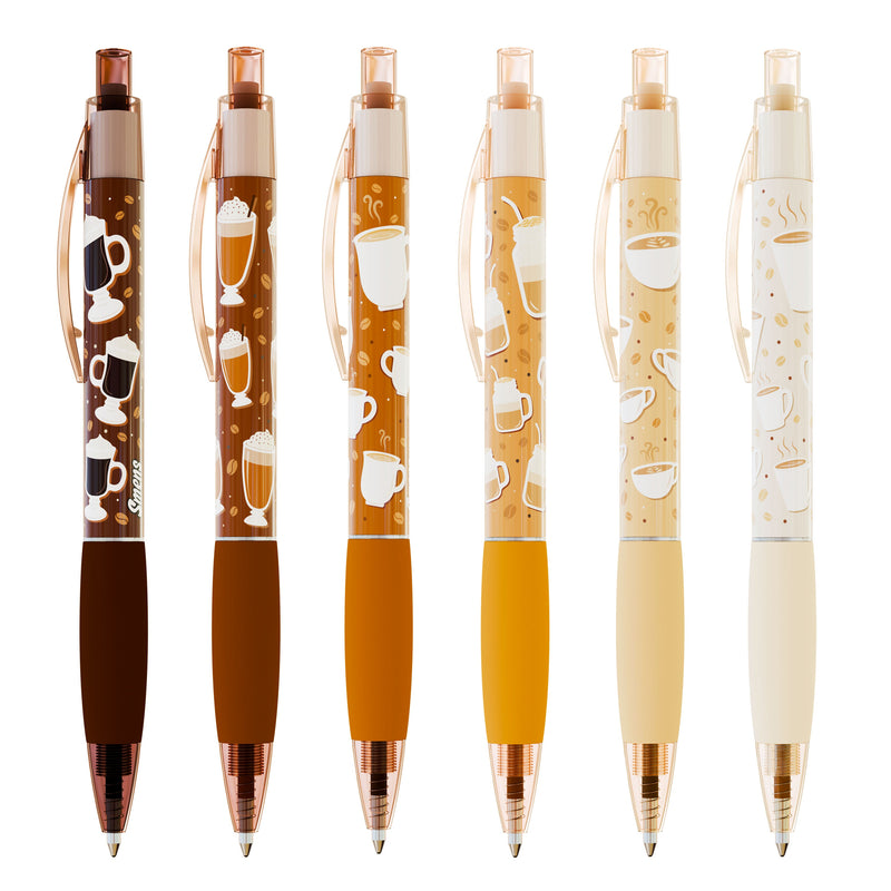 Six coffee-themed scented pens with brown to cream gradient colors and coffee cup designs