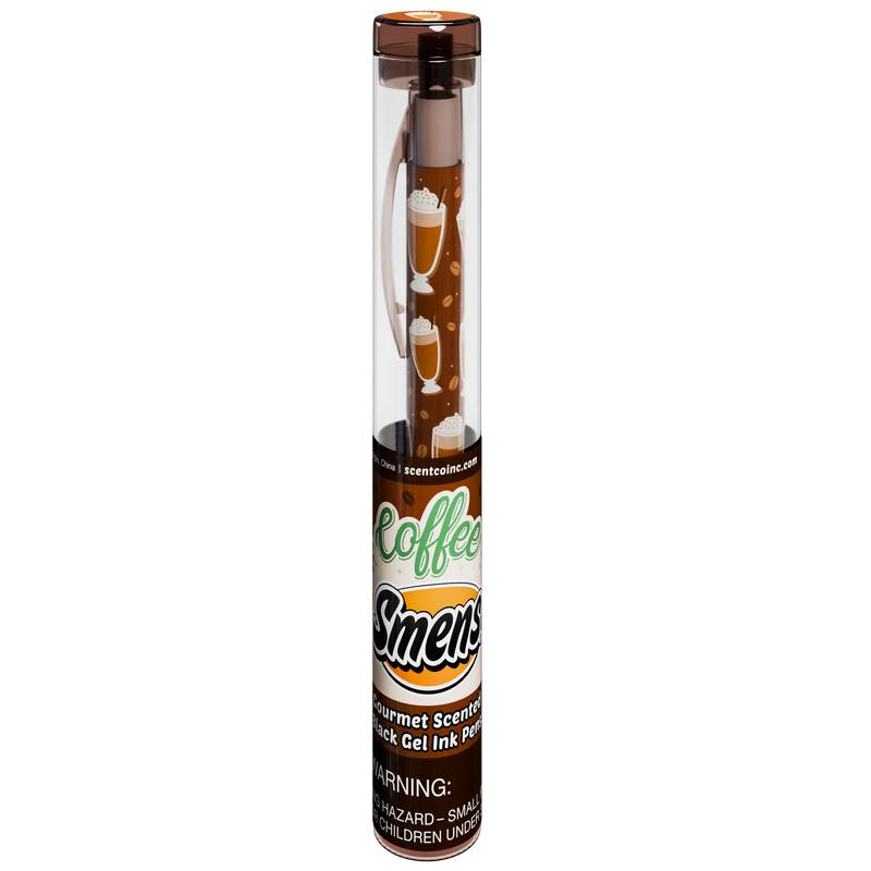 Coffee Smens scented gel ink pen in clear tube with brown coffee-themed design