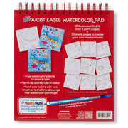 Red watercolor pad with illustrations and text on a white background
