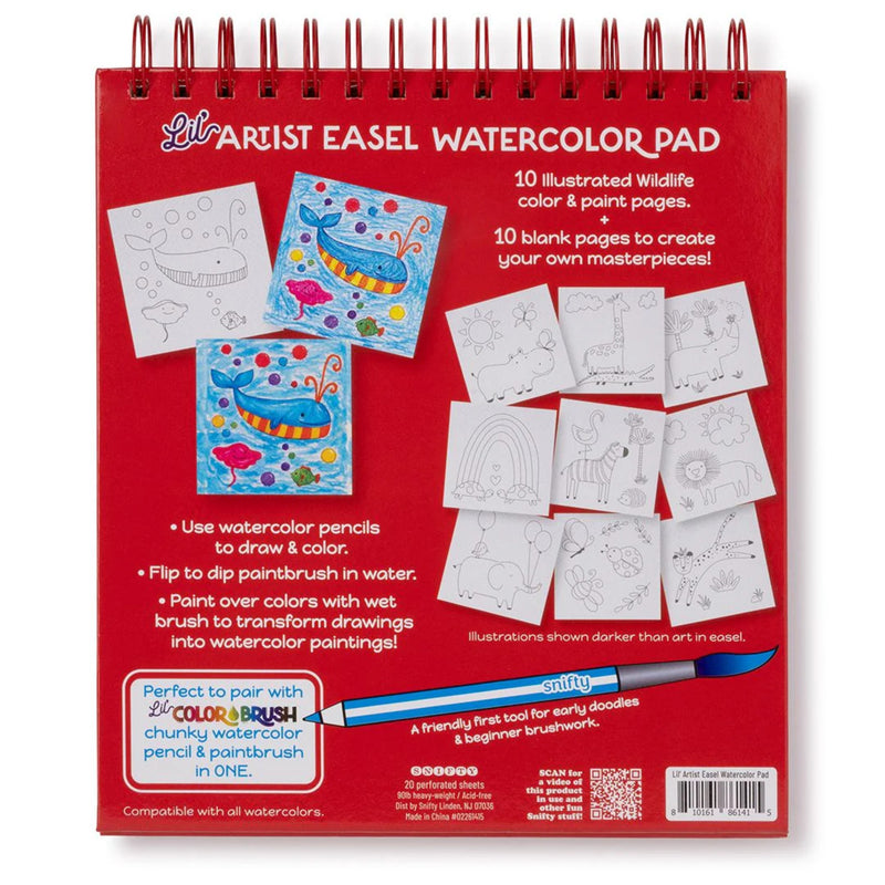 Red watercolor pad with illustrations and text on a white background