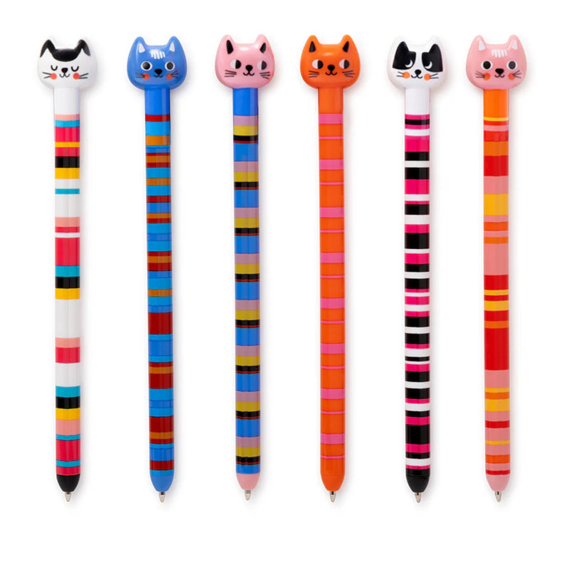 Six colorful cat-shaped pens arranged in a row on a plain white background. Each pen has a different cat face design on the top and a striped barrel in various color combinations.