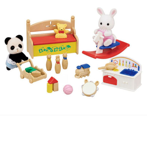 Calico Critters Bunny & Panda Set with toy furniture and small toys on white background 