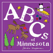 Book cover of 'ABCs of Minnesota' with illustrations and text on a purple background