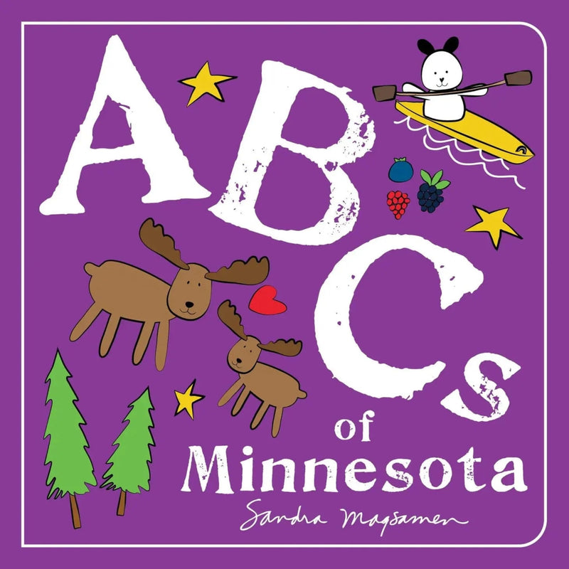 Book cover of 'ABCs of Minnesota' with illustrations and text on a purple background