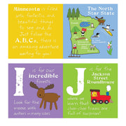Examples of two pages of the ABCs of Minnesota book.  Shows a map of The North Star State, I is for incredible and J is for Jackson Street Roundhouse.  All on a white background.