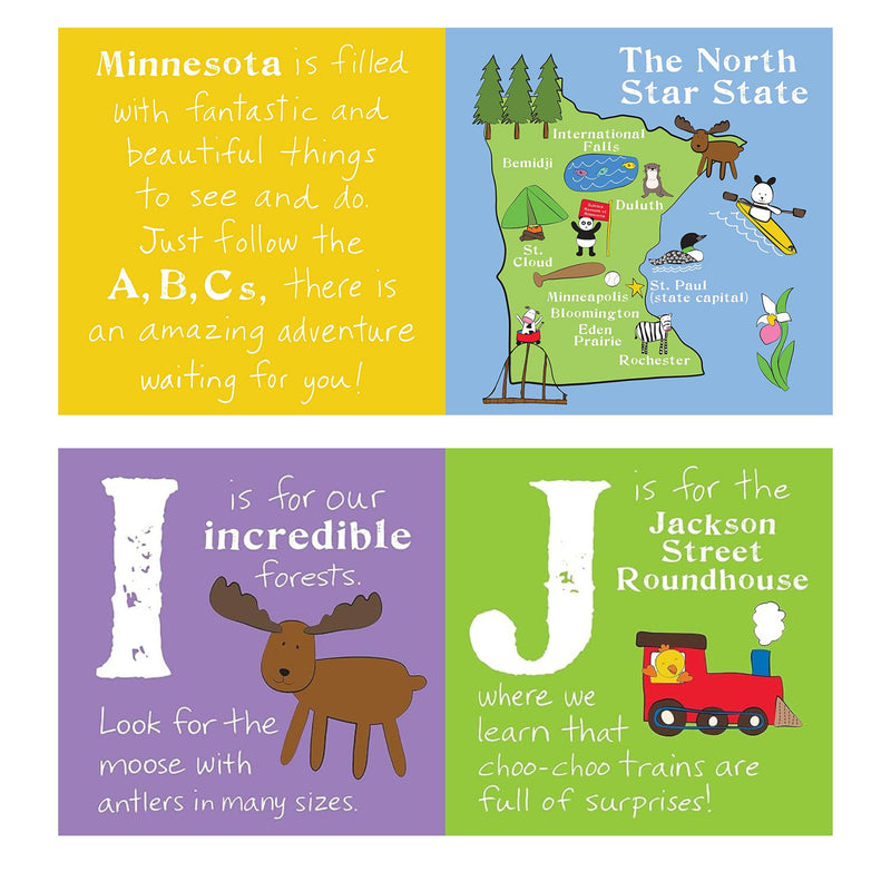 Examples of two pages of the ABCs of Minnesota book.  Shows a map of The North Star State, I is for incredible and J is for Jackson Street Roundhouse.  All on a white background.