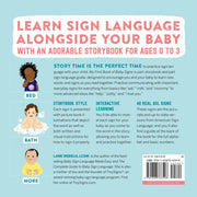Back cover of the book 'Learn Sign Language Alongside Your Baby' by Lane Rebelo, LCSW, featuring a light blue background with pink and white text, cartoon illustrations of children, and a barcode at the bottom.