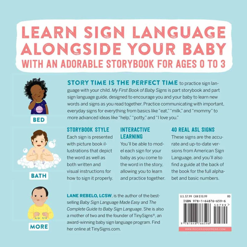 Back cover of the book 'Learn Sign Language Alongside Your Baby' by Lane Rebelo, LCSW, featuring a light blue background with pink and white text, cartoon illustrations of children, and a barcode at the bottom.