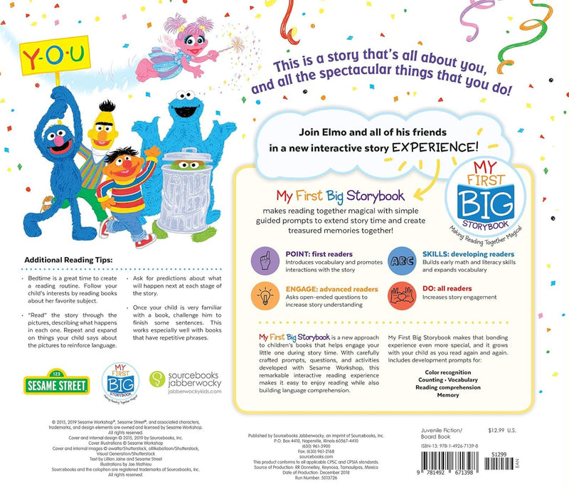 Back cover of a children's book titled 'My First Big Storybook' by Joaquin Velez, featuring colorful cartoon illustrations of characters on a white background with confetti and playful text.