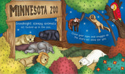 A colorful children's book or activity page titled 'MINNESOTA ZOO' showing illustrated sleeping animals in a zoo scene, including a lion, elephant, bear, giraffe, monkey, parrot, and polar bear, with playful text on a white page background.