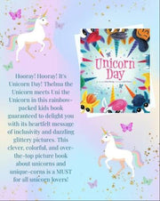 Promotional graphic for the children's book 'Uicorn Day' by Sarah Pomer and Kate Blass, featuring the colorful book cover and two white unicorns with pink and purple manesfs on a pastel gradient background with butterflies and glitter.