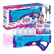 Poppin Colorz bubble gun and packaging with bubble solution bottles on a white background