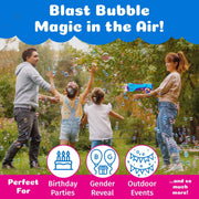 Family playing with bubbles in a park with text about bubble magic and its uses.