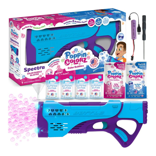 Poppin Colorz bubble gun and packaging with bubble solution bottles on a white background