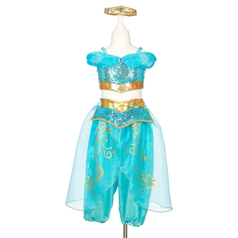 A children's genie-style costume displayed on a mannequin torso against a plain white background. The outfit is bright turquoise/aqua with metallic gold trim and gold decorative motifs on the pants, plus a jeweled chest detail.
