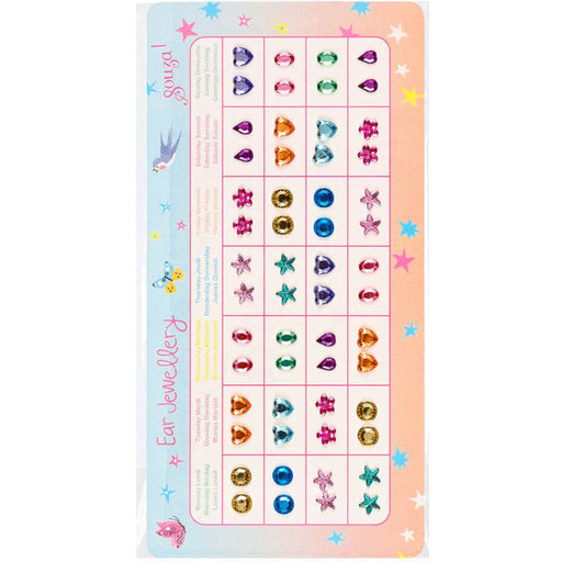 A children's gemstone identification chart titled 'Souza! Ear Jewellery' showing rows of colorful rhinestones and studs stickers with labels and illustrations on a pastel background.