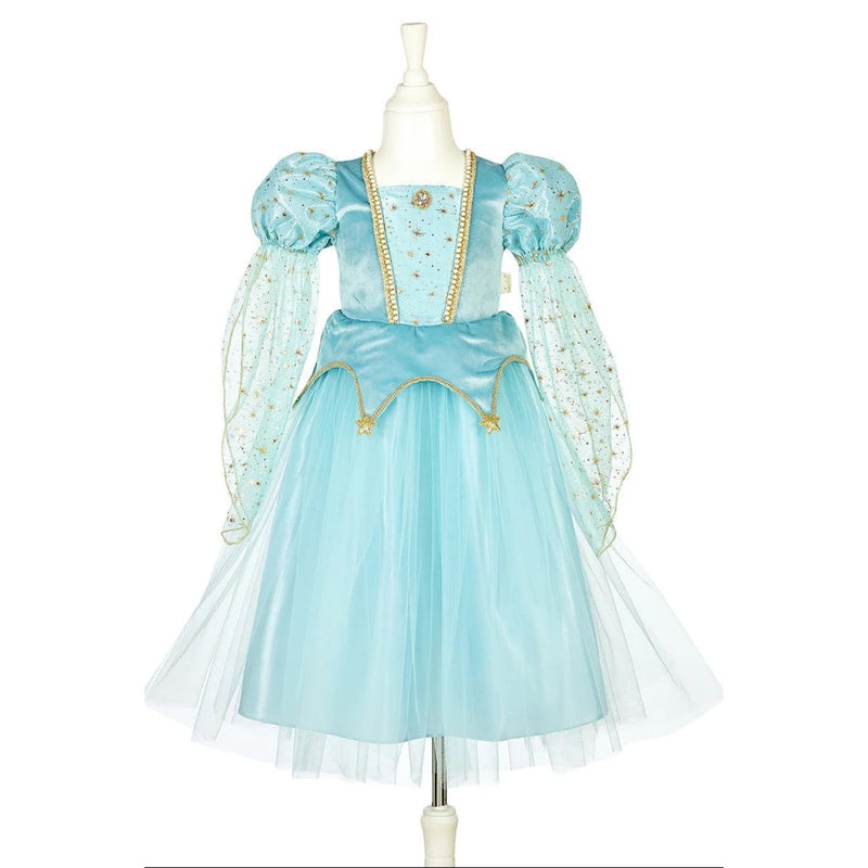 A light blue princess costume displayed on a white mannequin dress form against a plain white background. The costume features a light blue bodice with gold trim, puffy sleeves with sheer overlays, and a layered tulle skirt.